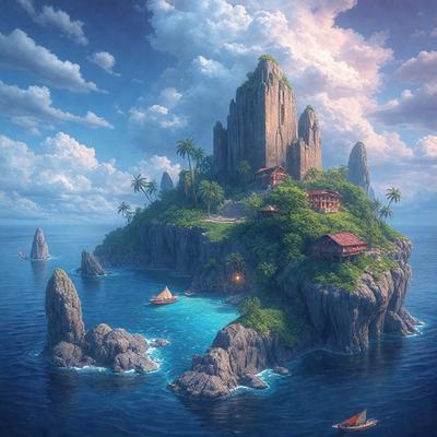 The primary subject of the image is a large island with a castle on top of it. The island is surrounded by water, and there are several boats floating nearby. The setting is a beautiful tropical island with a lush green landscape. The visual style is a digital art illustration, creating a vibrant and colorful scene. The colors and mood of the image are lively and inviting, with a sense of adventure and exploration.